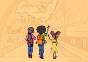 Three children going on an adventure at Darlington train station.