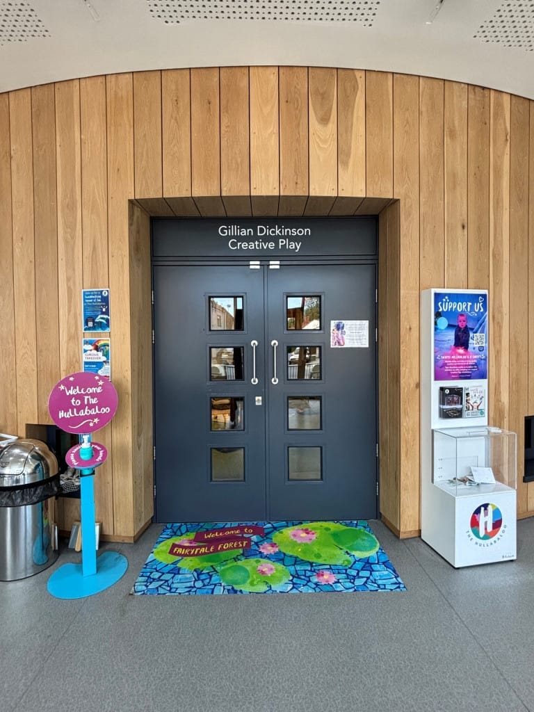 The double doors leading to the Creative Play space in The Hullabaloo. 